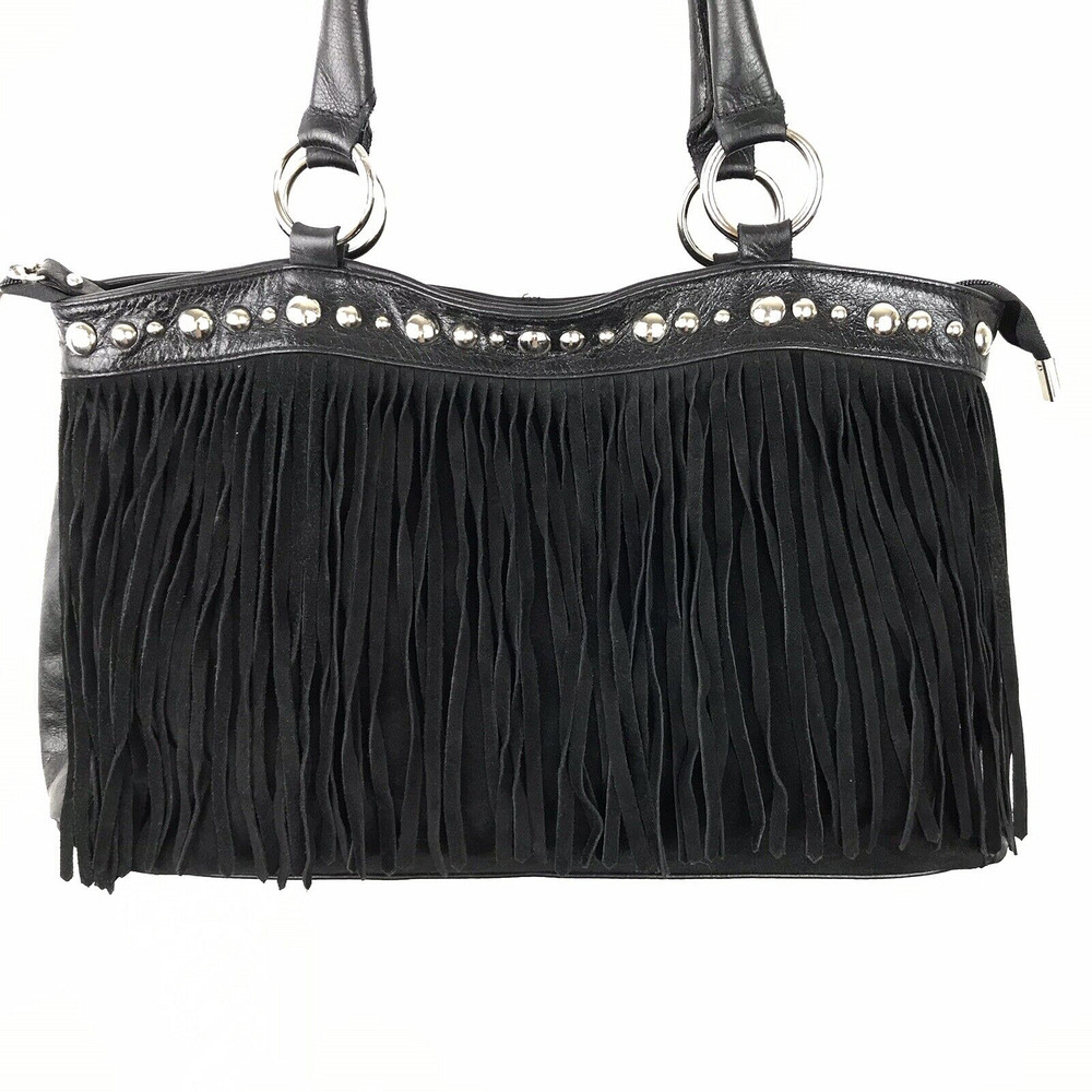 Innue Italian Leather Fringe Studded Hobo Shoulder Bag Boho Black Suede Zipper